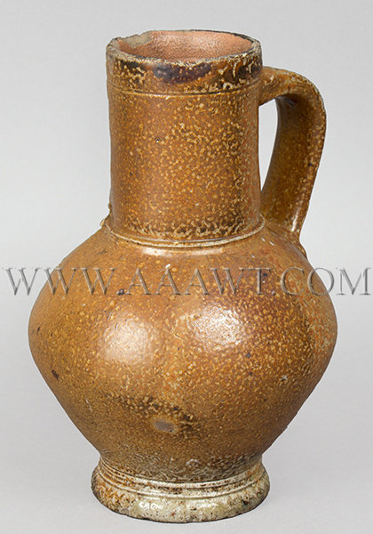 Salt Glaze Stoneware Drinking (Ale) Jug, Cylindrical Neck, and Strap Handle
Brown wash, under speckled salt glaze
Frechen, Circa 1600, entire view